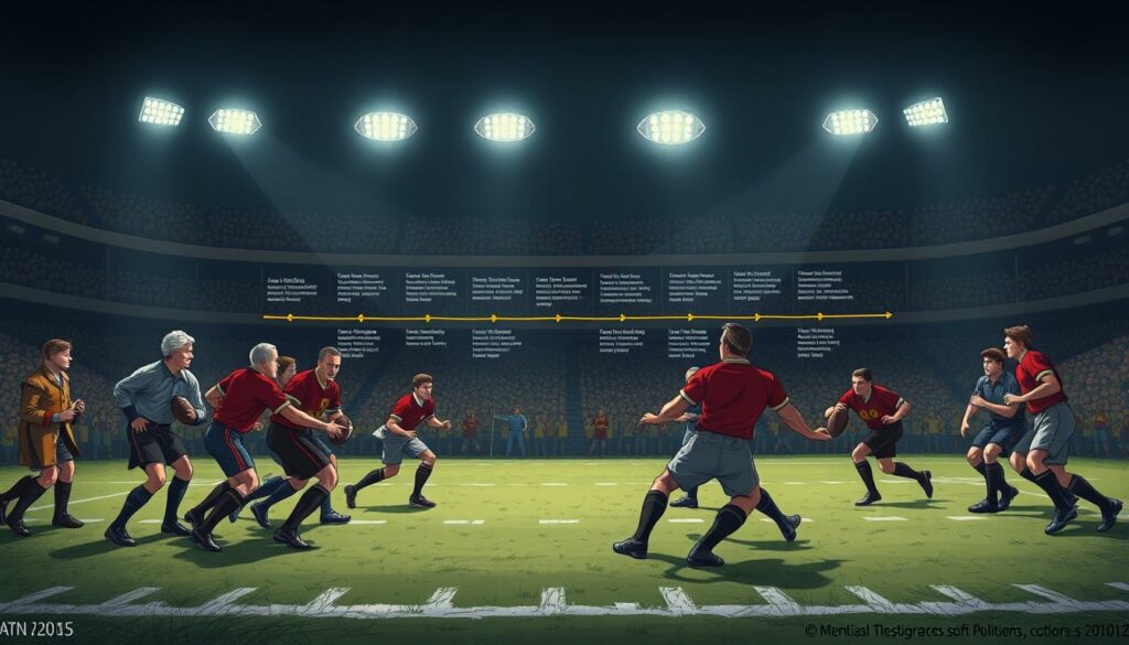 A detailed illustration of the development of football rules over time. In the foreground, a group of players from different eras, dressed in period-accurate uniforms, engaged in a match. In the middle ground, a timeline depicting the evolution of the game's regulations, with key rule changes highlighted. The background features a dimly lit sports arena, with dramatic chiaroscuro lighting and a sense of historical weight. The overall mood is one of reverence for the sport's rich heritage, with a touch of technical precision to capture the nuances of the rule changes. The composition should balance the human elements with the abstract progression of the rules, creating a visually compelling and informative image.
