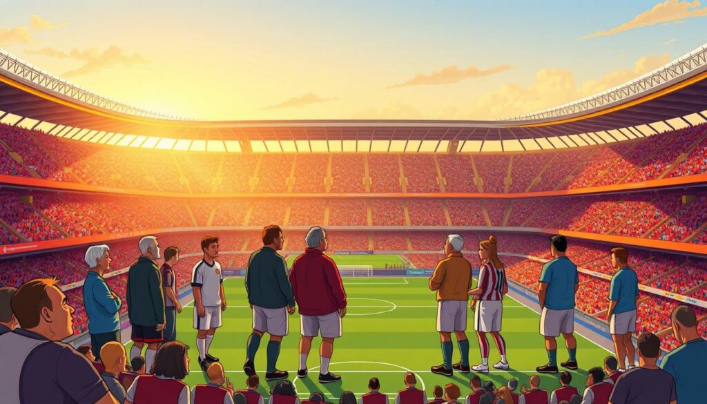 A grand soccer stadium at golden hour, its towering stands and manicured pitch bathed in warm, diffuse light. In the foreground, a group of larger-than-life soccer legends - past champions, captains, and icons - gathered casually, engaged in animated conversation, their larger-than-life personas and commanding presence commanding the viewer's attention. The middle ground features a scattering of fans, their awestruck expressions reflecting the gravity of the moment, as they bask in the presence of their heroes. The background frames the scene with an expansive cityscape, hinting at the global reach and enduring legacy of these football legends beyond the confines of the pitch.