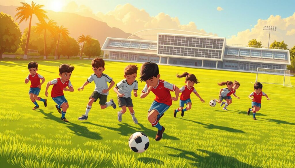A group of young soccer prodigies on a lush, verdant pitch, bathed in warm, golden-hour sunlight. Foreground features dynamic, skillful players dribbling, passing, and shooting with incredible technique and finesse. Midground showcases a diverse, multicultural team, each player exhibiting unique physical and tactical abilities. Background depicts a sprawling, modern soccer academy, with state-of-the-art facilities, signaling the promising future of the game. The scene conveys a sense of boundless potential, youthful energy, and the relentless pursuit of greatness - the next generation of football legends in the making.