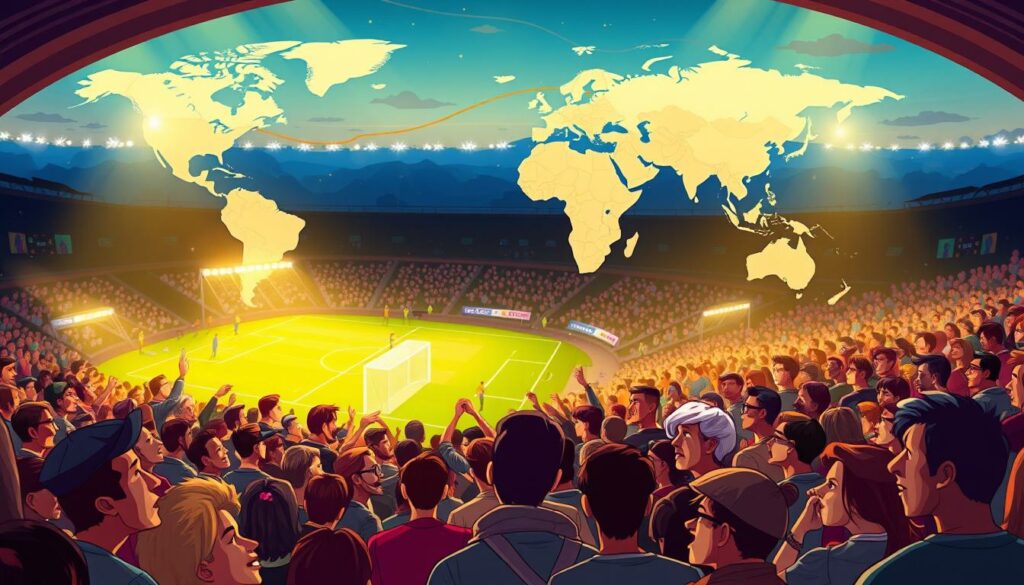 A vibrant, cinematic illustration depicting the global expansion of football (soccer). In the foreground, we see a diverse crowd of passionate fans from around the world gathered to watch a thrilling match, their faces lit by the warm glow of stadium lights. In the middle ground, stadiums and pitches dot the landscape, representing the sport's growing international presence. The background features a bold, stylized world map, tracing the routes and pathways that football has taken to reach every corner of the globe. The composition is dynamic, with a sense of movement and energy, capturing the spirit of the sport's universal appeal and its ability to unite people across cultural and geographical boundaries.
