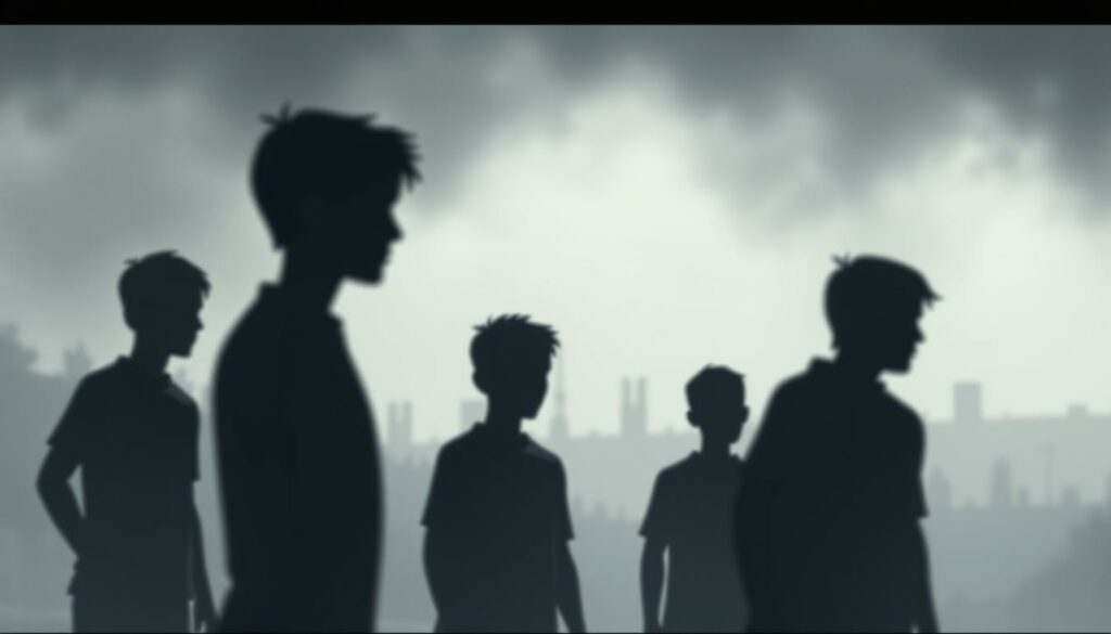 A blurred, moody rendering of the HSV Talente, young footballers with unfulfilled potential, shown in a shadowy, cinematic style. In the foreground, their silhouettes are shrouded in a hazy, atmospheric lighting, evoking a sense of missed opportunities and what-ifs. The middle ground reveals their youthful vigor, athleticism, and promise, while the background is a muted, indistinct landscape, symbolizing the uncertain future that looms. The overall composition conveys a pensive, melancholic mood, inviting the viewer to reflect on the fragility of talent and the weight of unmet expectations.