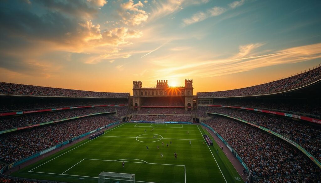 A breathtaking aerial view of a historic football stadium, its iconic architecture bathed in the warm glow of a setting sun. On the lush, verdant pitch, two teams clash in an intense, high-stakes match, their players darting across the field in a blur of coordinated movements. The crowd in the stands, their faces alight with anticipation and excitement, create an atmosphere of unbridled passion. This is the essence of "Statistische WM-Spiele" - a captivating depiction of the thrill and drama that define the greatest moments in the history of the World Cup.