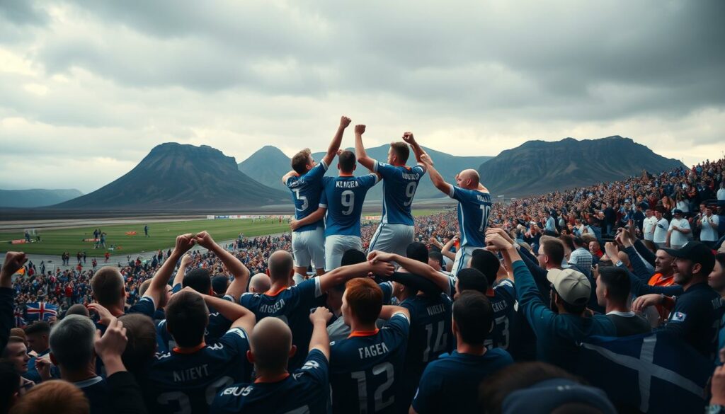 A breathtaking scene of Iceland's historic 2016 Euro Championship triumph unfolds. In the foreground, the Icelandic team celebrates their stunning victory over England, their players locked in joyous embraces, fists pumping the air. The middle ground captures the stunned English players, heads bowed in disbelief, as the Icelandic fans erupt in a sea of thunderous cheers and national flags. The background displays the iconic Icelandic landscape, with rugged volcanic mountains and a moody, overcast sky casting a dramatic, cinematic lighting over the entire scene. The image exudes a palpable sense of underdog triumph, a David vs. Goliath moment where the smallest nation on the world stage delivered a historic upset, captivating the global imagination.