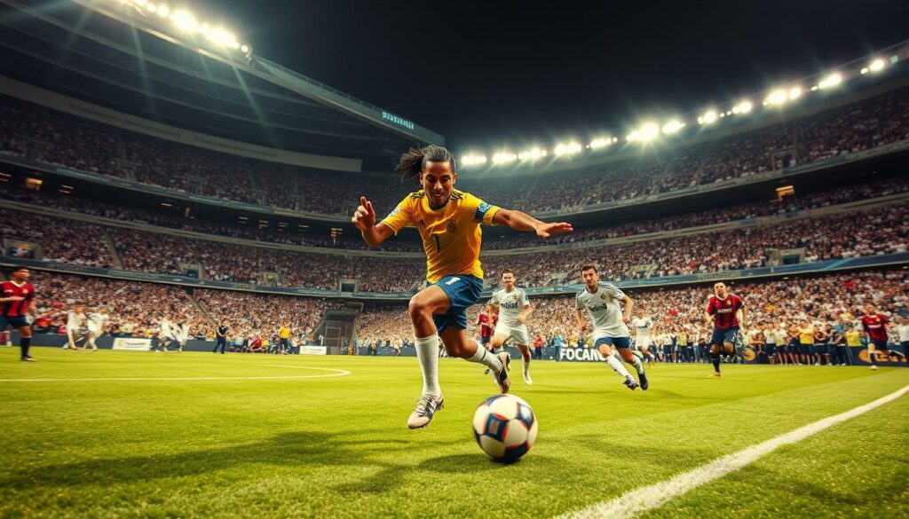 A breathtaking scene of Ronaldinho, the Brazilian maestro, in a legendary duel against the mighty Real Madrid. In the foreground, Ronaldinho dances with the ball, his signature smile lighting up the pitch as he weaves through the defense. The middle ground captures the intensity of the match, with players locked in fierce competition, their expressions a canvas of determination. The background showcases the grandeur of the stadium, the towering stands filled with a sea of passionate fans, creating an electric atmosphere. The lighting is dramatic, with beams of light highlighting the players' every move, while the camera angle captures the action from a dynamic, low perspective, emphasizing the sheer skill and athleticism on display. This is the essence of Ronaldinho, when football becomes a work of art and the game is played with a joyful, infectious spirit.