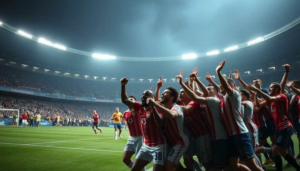 A breathtaking underdog triumph at a major European football championship, captured in stunning detail. In the foreground, a scrappy, determined team of underdogs celebrates their unlikely victory, faces etched with a mix of exhilaration and disbelief. The midground showcases the tension and drama of the match, with players locked in a fierce battle, the stadium crowd a blur of frenzied energy. In the background, the grand, historic architecture of the championship venue serves as a majestic backdrop, a testament to the magnitude of the occasion. Dramatic, moody lighting casts dramatic shadows, heightening the sense of an epic, monumental moment in sports history. A powerful, emotive scene that encapsulates the spirit of the greatest upsets in European football.