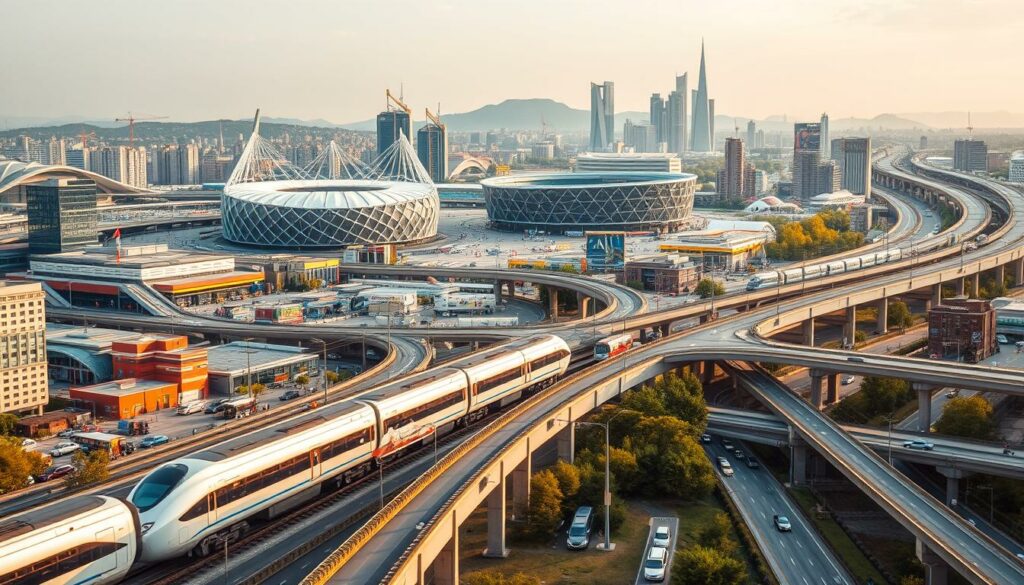 A bustling cityscape, blending modern architecture and efficient transportation networks. In the foreground, a sleek high-speed train cuts through the urban landscape, its sleek design and advanced engineering showcasing the advancements in public transit. In the middle ground, a well-connected network of roads and highways, with buses, trams, and private vehicles seamlessly navigating the corridors. In the background, the iconic stadiums of the EM 2024 tournament stand tall, their unique designs and colorful facades complementing the vibrant city. The scene is bathed in a warm, golden light, creating a sense of energy and dynamism. The overall composition conveys the seamless integration of the EM stadiums with the larger transportation infrastructure, ensuring efficient and accessible mobility for all attendees.