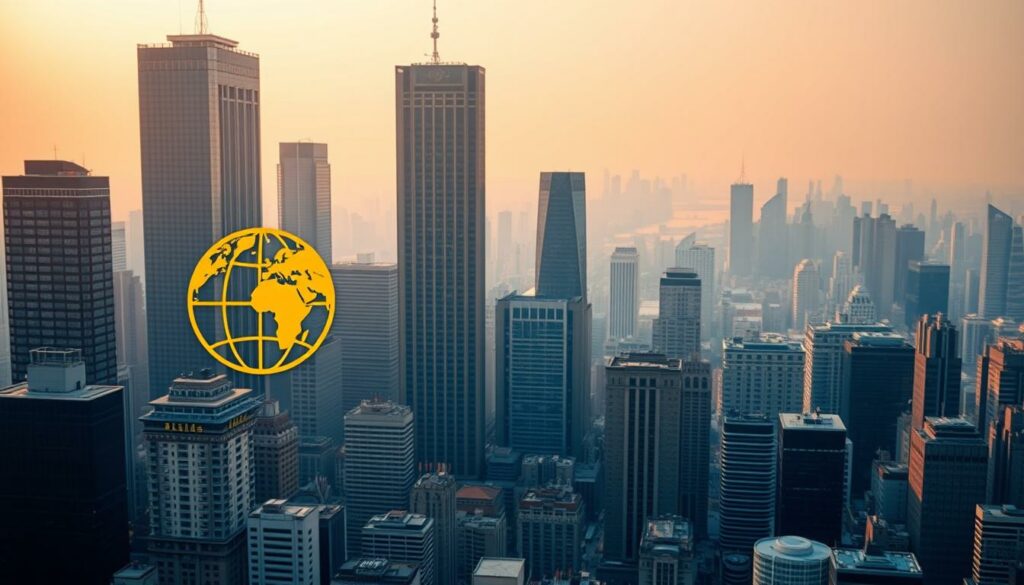 A bustling cityscape with towering skyscrapers, reflecting the economic might and global influence of a thriving multinational corporation. In the foreground, a stylized logo or symbol representing the brand's international reach, backlit by warm, golden lighting that conveys a sense of prosperity and success. The midground features a diverse array of people from different cultures and backgrounds, engaged in dynamic business activities, symbolizing the interconnectedness of the global economy. In the background, a sweeping panorama of the city skyline, bathed in a soft, hazy atmosphere that suggests the far-reaching impact of globalization. The overall composition should evoke a sense of power, progress, and the triumph of modern capitalism on a worldwide scale.