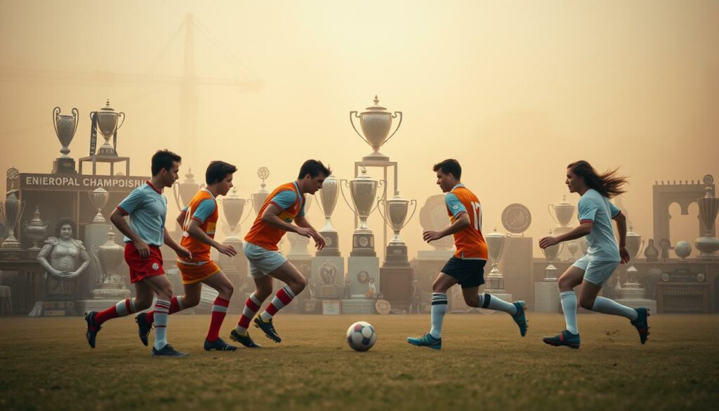 A captivating scene depicting the unique trends and curiosities surrounding European Championship title defenses. In the foreground, a group of soccer players in vintage uniforms engage in a lighthearted match, their movements captured mid-stride with a sense of dynamic energy. The middle ground showcases a diverse array of trophies, medals, and other memorabilia, each with its own story to tell. The background is a hazy, nostalgic landscape, bathed in a warm, golden light that evokes the rich history and tradition of the tournament. The composition strikes a balance between the vibrant action and the contemplative, reflective mood, inviting the viewer to explore the curious and unexpected moments that have defined the EM title defenses over the years.
