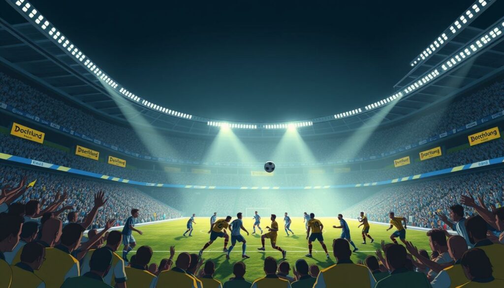 A classic Revierderby between Schalke and Dortmund, the fierce rivals of the Ruhr region. The iconic Veltins-Arena in Gelsenkirchen is packed with rowdy fans, their team colors of blue and white clashing with the bold yellow and black of Dortmund. In the center of the pitch, the players engage in a tense, physical battle, their movements captured in a dramatic low-angle shot. The stadium's floodlights cast long shadows, creating a moody, atmospheric scene that captures the intense rivalry and passion of this historic German football derby.