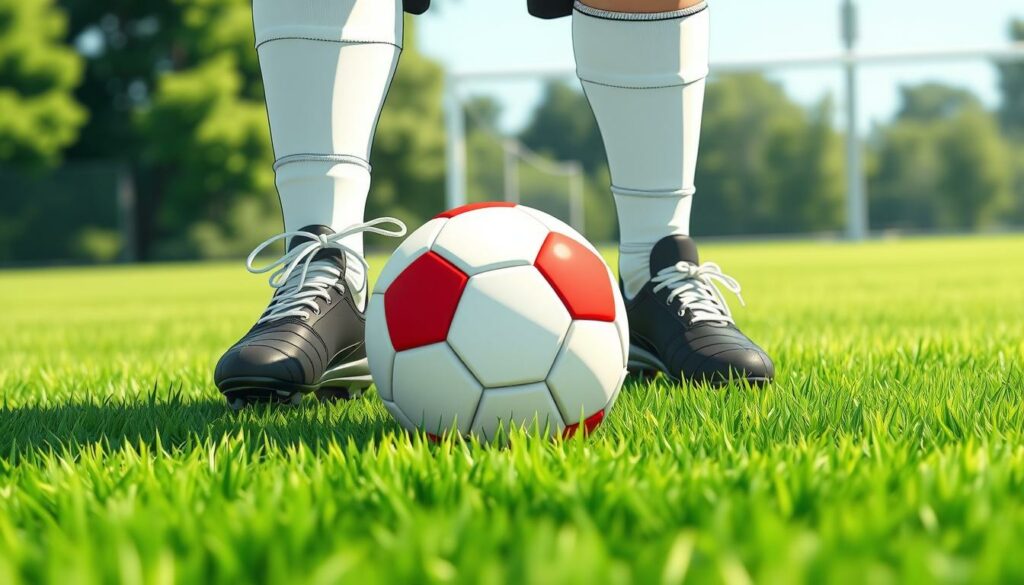 A close-up view of a soccer player's feet, positioned over a soccer ball on a well-manicured pitch. The player's shoelaces are neatly tied, and their stance is upright and balanced. Bright, natural sunlight illuminates the scene, casting soft shadows and highlighting the vivid green of the grass. The camera angle is slightly low, allowing the viewer to see the player's legs and torso in a three-quarter profile. The player's gaze is focused, their expression determined, as they prepare to execute a precise kickoff, adhering to the proper technique and positioning required for a correct start to the match.