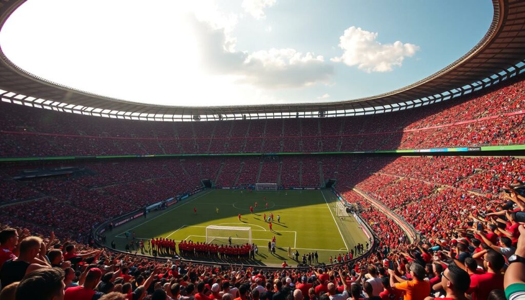 A colossal football stadium in Brazil, the Maracana, set against a vibrant, sun-dappled backdrop. Rows of passionate fans in the iconic red and black of Flamengo and the white and claret of Fluminense, engaged in a heated derby match. Dramatic wide-angle lens captures the scale and energy of the event, with players vying for the ball amidst a sea of cheering supporters. Dramatic lighting casts long shadows, heightening the sense of intensity and spectacle. The iconic Maracana arch looms overhead, a symbol of Brazil's enduring football legacy. This image perfectly encapsulates the spirit of the "Brasiliens Tempel des Fußballs" and the vibrant, electric atmosphere of the "Das Maracanã Stadion Brasilien heute".