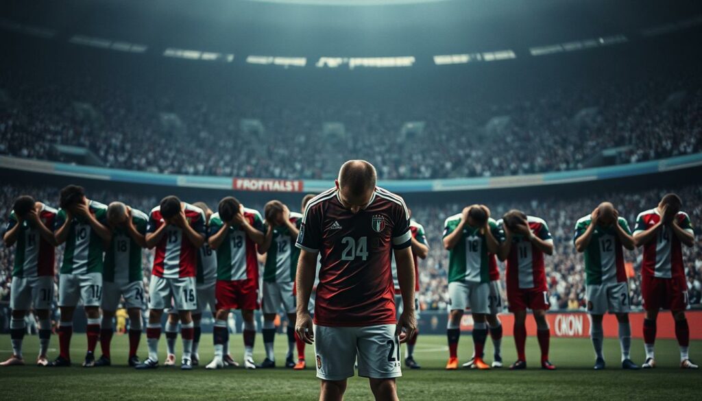 A dejected Italian national football team, their heads hung low, shoulders slumped in utter despair after a heartbreaking defeat. The once vibrant colors of their jerseys now muted, as if the very life has been drained from the players. The stadium, once a cauldron of passionate support, lies silent and empty, the roar of the crowd replaced by a deafening silence. A lone, solitary figure stands in the foreground, his face obscured, symbolizing the anguish and disappointment felt by the entire nation. The scene is bathed in a somber, desaturated palette, capturing the somber mood and the crushing weight of unfulfilled dreams.