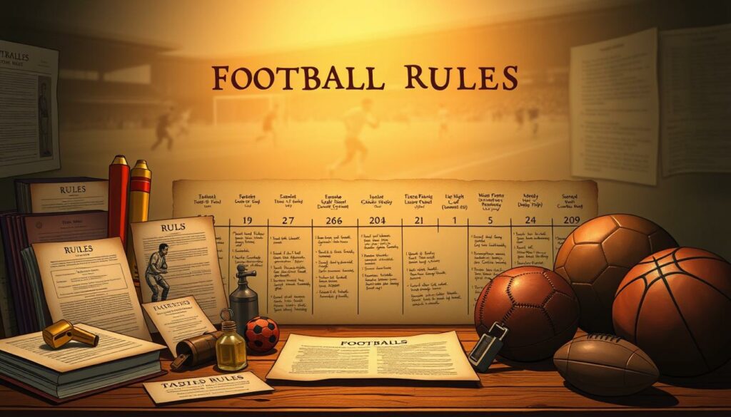 A detailed historical timeline depicting the evolution of football (soccer) rules, showcased against a muted vintage backdrop. The foreground features a series of vintage football memorabilia, including old rulebooks, referee whistles, and leather match balls, arranged in a visually appealing composition. The middle ground showcases a timeline of key milestones in rule development, presented in a hand-drawn, sepia-toned style. The background features a softly blurred image of an early 20th-century football match, conveying a sense of nostalgia and the sport's rich heritage. Warm lighting casts a gentle glow, creating an atmosphere of scholarly contemplation. The overall aesthetic evokes the feeling of a well-curated museum exhibit, inviting the viewer to explore the fascinating history of the beautiful game.