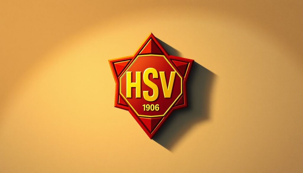 A detailed illustration of the iconic HSV Raute (diamond) crest against a subtly textured background. The crest is rendered in vibrant, saturated colors, with intricate attention to the precise shaping and proportions of the diamond motif. The lighting casts warm, golden tones that accentuate the heraldic design, evoking a sense of pride and tradition. The overall composition is balanced and harmonious, capturing the essence of the HSV club's rich history and dedicated fanbase. The image has a timeless, premium quality that would complement the article's exploration of the significance behind the club's founding date within the crest.