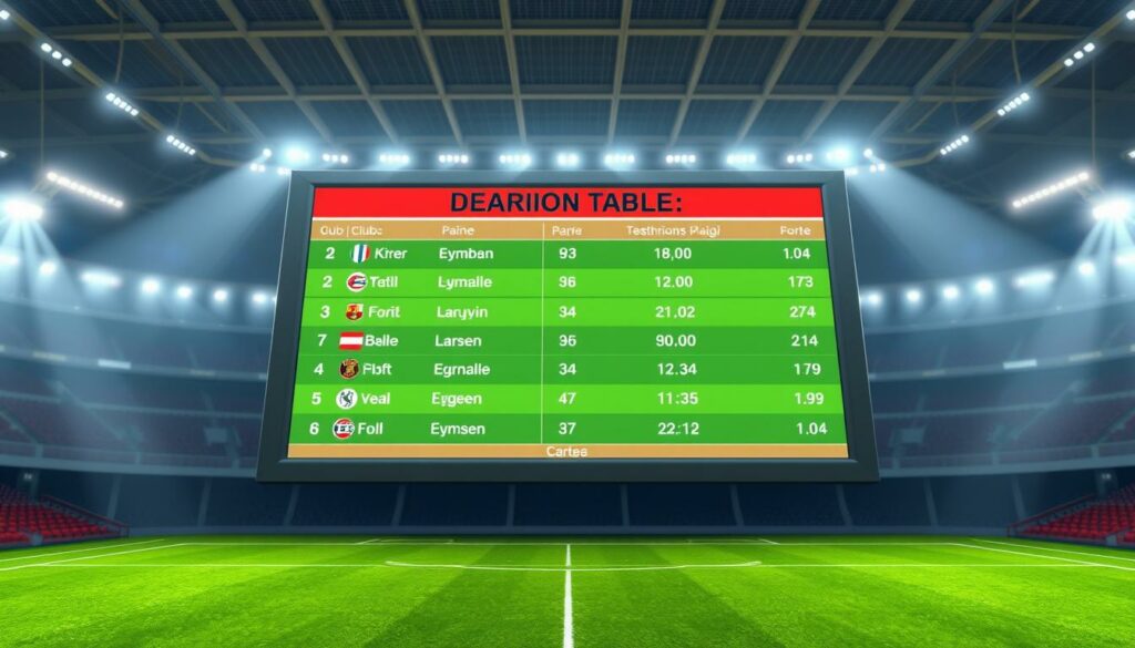 A detailed, realistic 3D rendering of a Bundesliga league table shown on a digital scoreboard in a modern sports arena. The table displays the current standings, with club names, logos, points, and goal differences clearly visible. The lighting is bright and evenly distributed, with a slight warm tone to create a professional, authoritative atmosphere. The camera angle is slightly elevated, providing a clear view of the entire table and a sense of scale within the stadium setting. The background is blurred, maintaining focus on the central table display.