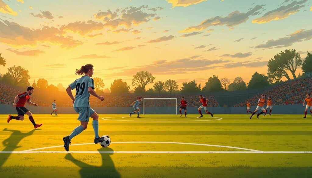 A detailed soccer field at dusk, with players in dynamic positions along the wings. The lighting is soft and golden, creating a sense of warmth and energy. In the foreground, a player dribbles the ball down the flank, their movements fluid and purposeful. Teammates make overlapping runs, creating space and attacking options. The middle ground features players positioning themselves to receive passes or make runs, their movements choreographed and well-timed. In the background, the opposing team presses, adding tension and a sense of tactical complexity. The overall composition conveys the nuanced "Flügelspiel-Taktik", with players utilizing the wide areas to generate scoring opportunities through tempo and pinpoint crosses.