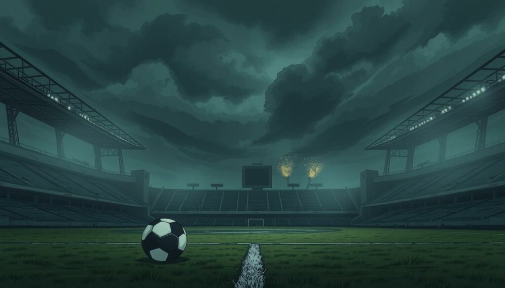 A dimly lit football stadium, stands empty and abandoned, with crumbling concrete structures and shattered windows. In the foreground, a solitary football lies on the pitch, a poignant symbol of the game's forced hiatus. The sky is heavy with ominous clouds, casting a somber, muted tone over the scene. Distant explosions and the faint sound of air raid sirens create an atmosphere of unease and uncertainty, a stark contrast to the vibrant, celebratory spirit that once filled this space. The image captures the abrupt and melancholic end of an era, as the ravages of war force the suspension of the beautiful game.
