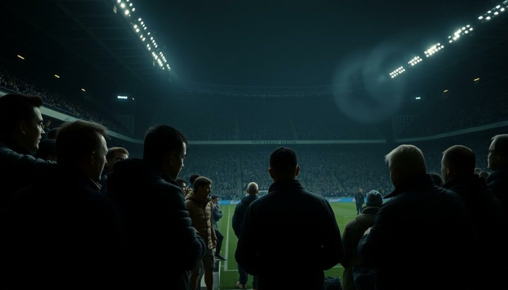 A dimly lit soccer stadium, the stands filled with passionate fans, their faces obscured by shadows. In the foreground, a group of individuals engage in heated discussion, gestures and expressions conveying a sense of toxicity and discord. The middle ground features a lone figure, head bowed, seemingly caught in the crossfire of the debate. The background shows the stadium's looming, ominous architecture, evoking a sense of confinement and unease. Dramatic chiaroscuro lighting casts dramatic shadows, heightening the intensity of the scene. A wide-angle lens captures the sense of scale and the claustrophobic atmosphere, while a shallow depth of field keeps the focus on the central drama. The overall mood is one of tension, conflict, and the complexities of fan culture.