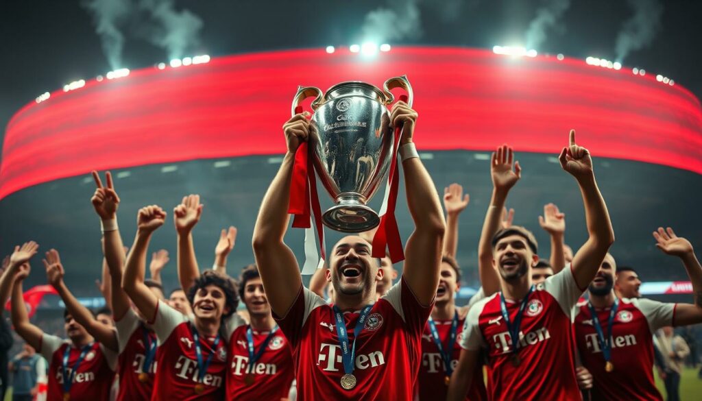 A dramatic, cinematic scene of FC Bayern München players celebrating their Champions League triumph. In the foreground, the iconic trophy is hoisted high by the victorious captain, their faces etched with triumph under dramatic, warm lighting. Behind them, the team erupts in joyous celebration, hands raised in triumph, jerseys and scarves waving proudly. In the background, the iconic Allianz Arena looms, its facade bathed in the club's signature red and white colors, symbolizing the grandeur and prestige of this historic European victory for the legendary German club.