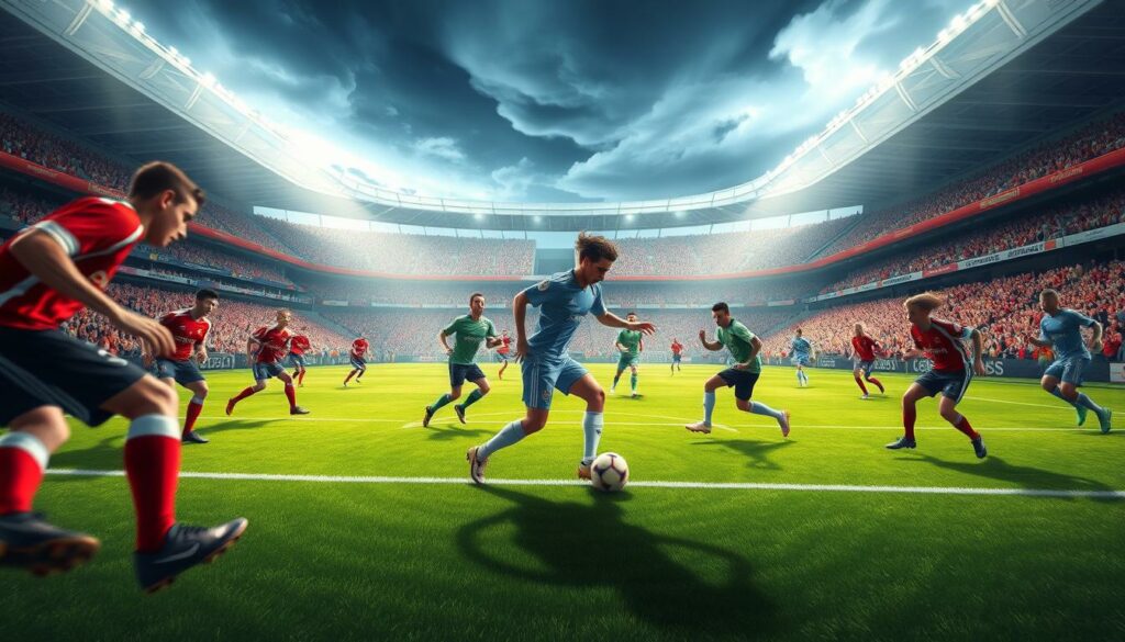 A dramatic football match between the legendary Bayern München and the historic Hamburger SV unfolds on a meticulously rendered pitch. The foreground captures the intense clash of titans, players in their distinctive kits jostling for possession, their faces etched with determination. The midfield is a blur of motion, a kaleidoscope of colors and movements. In the background, the towering stadiumstands erupt with the roar of a passionate crowd, creating an immersive atmosphere of historical significance. Dramatic light and shadow play across the scene, evoking the gravity of this historic encounter between two of Germany's most iconic football clubs.