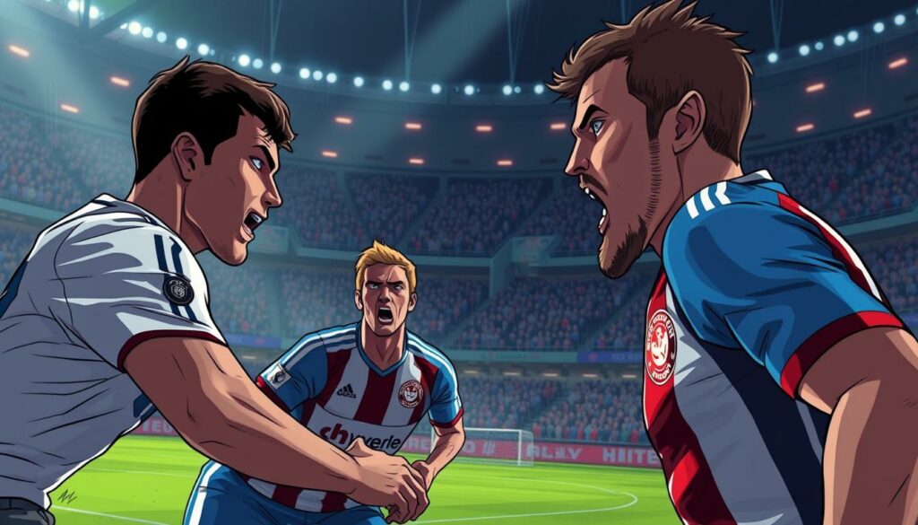 A dramatic, high-intensity soccer match between two fierce rivals, the HSV (Hamburger SV) and their opponents, captured in a vivid, cinematic style. The foreground features the players engaged in a tense, high-stakes moment, their faces etched with determination and the pressure of the relegation battle. The middle ground showcases the packed stadium, the stands filled with passionate fans, their expressions a mix of tension and excitement. The background is a blur of movement, capturing the energy and atmosphere of the event. The lighting is dramatic, with deep shadows and highlights that accentuate the intensity of the scene. The camera angle is slightly elevated, giving a sense of the grand scale and significance of the moment.