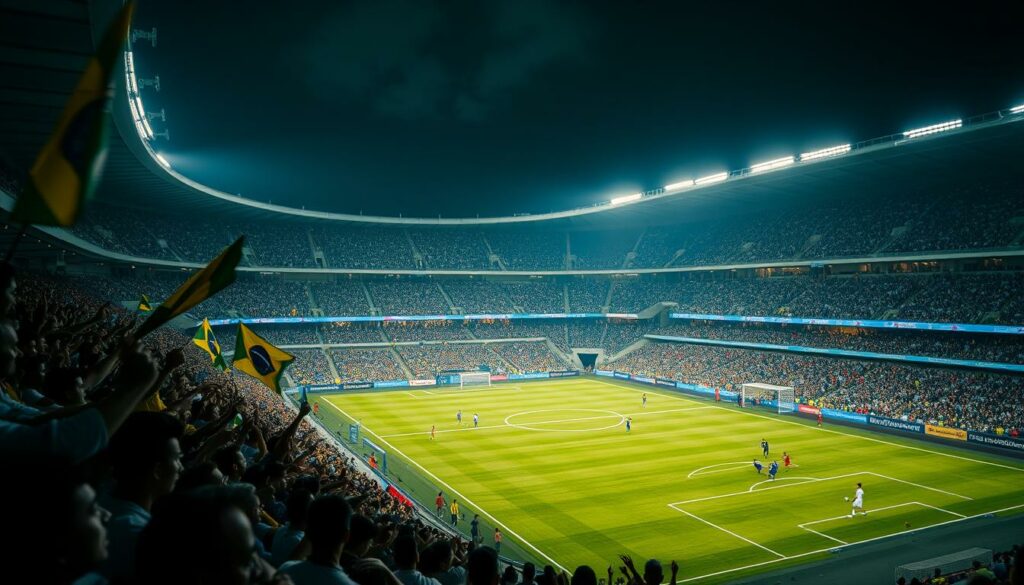 A dramatic night match at the iconic Maracanã stadium, the legendary temple of Brazilian football. In the foreground, a crowded stadium with passionate fans waving flags and banners, their faces alight with excitement. The floodlights cast a warm glow over the lush green pitch, where skilled players battle for possession, their movements blurred in a dynamic scene. In the background, the towering concrete stands and iconic arch of the stadium's design, a testament to its architectural grandeur. The atmosphere is electric, captured in a cinematic, high-contrast image that evokes the intensity and pride of the Brazilian game.