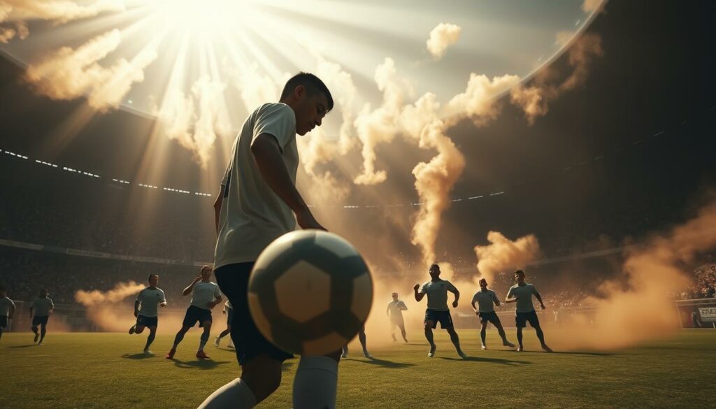 A dramatic soccer free kick scene, captured through a cinematic lens. In the foreground, a player stands over the ball, poised for the strike, their face etched with intense focus. The wall of defenders looms behind, their outstretched arms creating a captivating pattern. Swirling clouds of dust dance in the air, illuminated by beams of warm, golden light filtering through the stadium. The background fades into a hazy, atmospheric blur, conveying a sense of energy and anticipation. The camera angle is low and tilted, accentuating the power and drama of the moment. An epic, high-stakes encounter on the soccer pitch, ready to unfold.