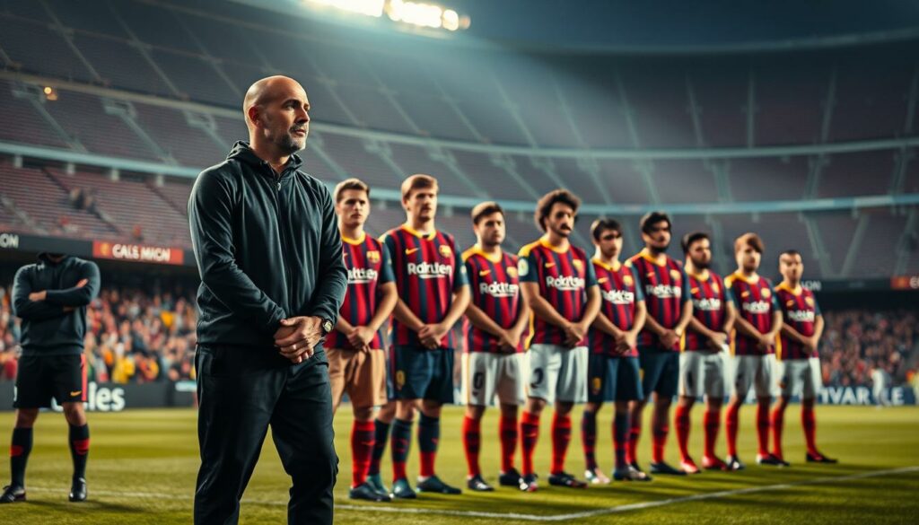 A dynamic and close-knit squad of elite football players, led by the charismatic and tactically astute manager Pep Guardiola, stand united on the pitch. Bathed in the warm glow of the stadium lights, their expressions reflect a steely determination to achieve victory. In the foreground, Guardiola, his hands clasped, surveys the scene with a pensive gaze, while his players, each with their own distinct personalities, surround him, ready to execute his vision with precision and flair. The middle ground is a blur of motion, as the team seamlessly works together, their movements choreographed to perfection. In the background, the towering stands of the iconic Camp Nou stadium loom, a testament to the grand history and unwavering spirit of FC Barcelona. This image captures the essence of Guardiola's transformative era, where relentless hard work, tactical brilliance, and a deep sense of camaraderie propelled the team to unprecedented success.
