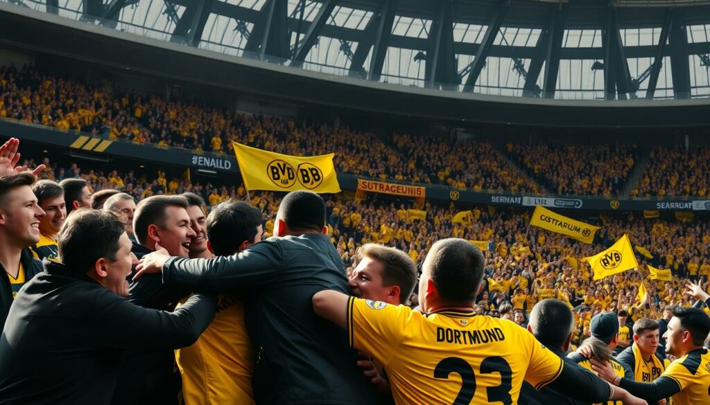 A dynamic football stadium scene, with passionate fans from rival teams clashing in a heated encounter. In the foreground, supporters engage in a physical altercation, their expressions intense and bodies locked in a confrontation. The middle ground showcases the vibrant, yellow-clad Dortmund fans, their banners and flags waving in the air, creating a palpable atmosphere of rivalry. In the background, the stadium's towering stands loom, casting dramatic shadows and lending a sense of scale to the intense fan engagement. The lighting is dramatic, with shadows and highlights accentuating the tension and emotion of the moment. The overall scene conveys the passionate and sometimes volatile nature of football rivalries.