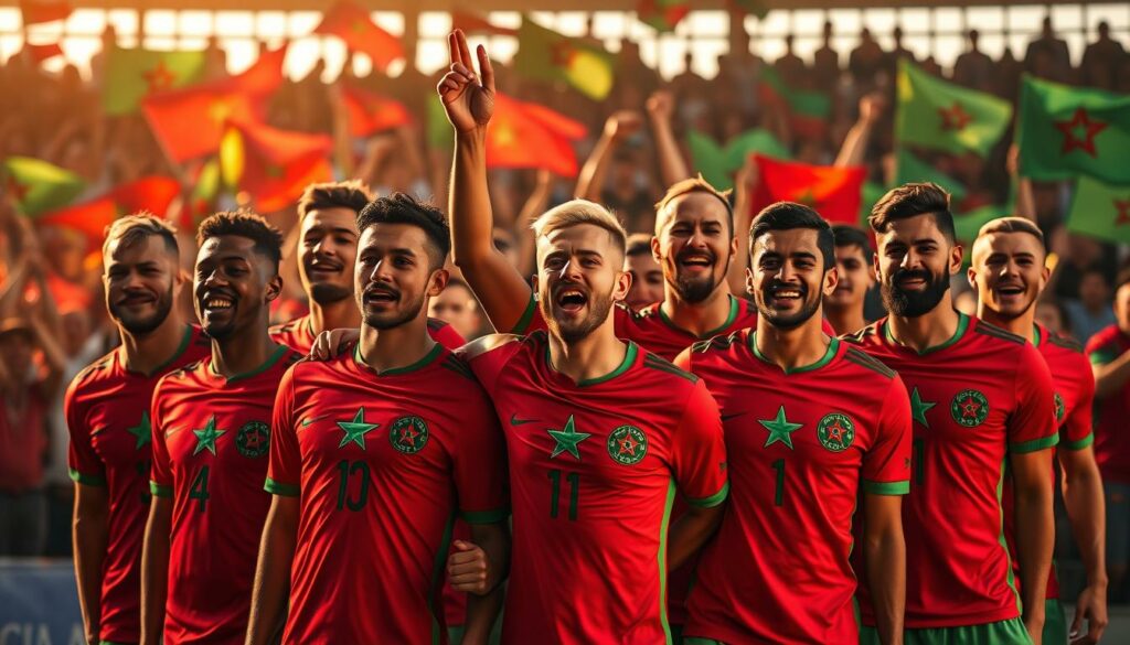 A dynamic group portrait of the Moroccan national football team, the "Lions of the Atlas", celebrating their historic run at the 2022 World Cup. The players, wearing their distinctive red and green jerseys, stand tall and proud, their expressions a mix of determination and joy. In the foreground, the team's star players are in sharp focus, their faces illuminated by warm, golden lighting that casts dramatic shadows across the scene. The middle ground features the rest of the squad, their hands raised in triumph. In the background, a blurred crowd of cheering fans waves Moroccan flags, creating a sense of energy and excitement. The composition is balanced and dynamic, capturing the spirit of Morocco's Cinderella story at the tournament.