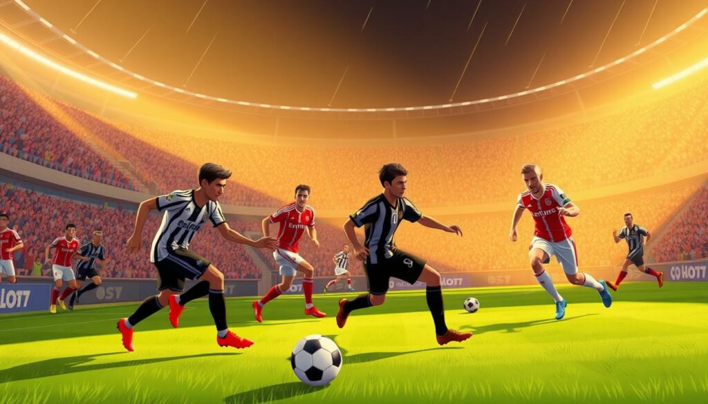 A dynamic soccer field with an intense offensive gameplay. The players in the foreground showcase their dribbling skills and sharp passing, swiftly moving the ball forward. Bright, warm lighting illuminates the scene, creating a sense of energy and motion. The middle ground features a well-organized attacking formation, with players making intelligent runs and finding space to receive the ball. In the background, a packed stadium with passionate fans cheers on the offensive display. The overall atmosphere exudes a carefully crafted, systematic yet creative attacking style - the "HSV Spielstil 2025".