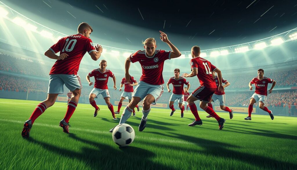 A dynamic soccer field with players in the Hamburg SV jersey aggressively pressing the opposition, their movements captured in a sharp, cinematic style. The midfield is a whirlwind of activity, with players flying across the frame, their legs a blur as they swarm the ball carrier. The lighting is dramatic, casting long shadows and creating a sense of intensity and urgency. The camera angle is low, putting the viewer right in the heart of the action, immersed in the frantic energy of the Mittelfeldpressing tactic. The overall atmosphere conveys the relentless effort and determination of the Hamburg team as they execute this high-intensity pressing strategy.