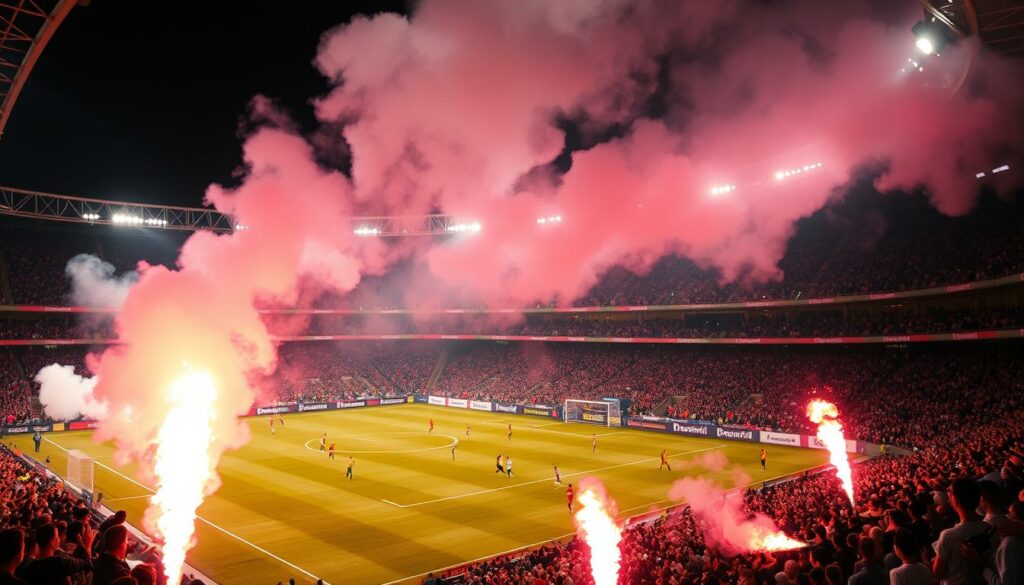 A dynamic stadium scene of Pyrotechnik im Stadion. A sea of passionate fans in the stands, the air charged with the intensity of the match. Smoke plumes rise from the illuminated flares, casting an ethereal glow across the field. The players on the pitch are locked in fierce competition, their movements captured in a blur of motion. Spotlights sweep across the stadium, creating dramatic shadows and highlights. The vibrant atmosphere is palpable, a symphony of cheers, chants, and the thunderous roar of the crowd. A captivating clash of football, fans, and the forbidden allure of pyrotechnics.