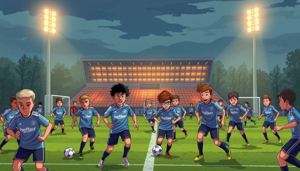 A floodlit youth training ground of the Hamburger SV, the historic German football club. In the foreground, young players in club jerseys engage in dynamic drills and scrimmages, their determined expressions and fluid movements conveying a sense of passion and potential. The middle ground features modern training facilities and equipment, while the background showcases the club's iconic stadium architecture, bathed in a warm, golden glow that evokes the rich heritage and ambition of the HSV youth academy. The scene radiates an atmosphere of discipline, camaraderie, and the promise of future greatness.