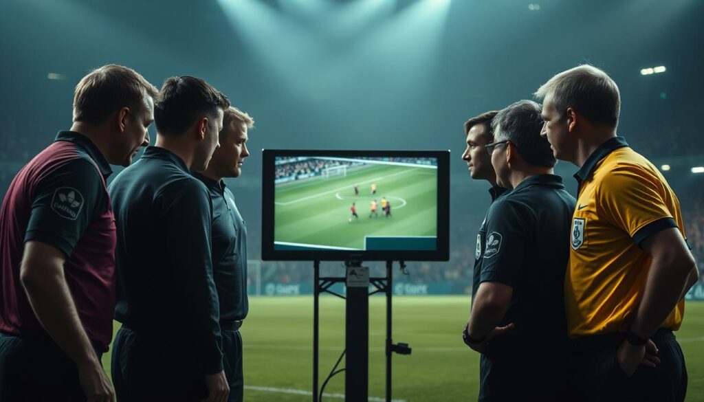 A football pitch with a group of referees gathered around a large video screen, intently analyzing a replay of a controversial play. The scene is bathed in a dramatic, cinematic lighting, with a sense of tension and anticipation in the air. The referees' faces are etched with concentration as they scrutinize the video footage, engaged in the VAR decision-making process that will determine the outcome of the match. The background is softly blurred, keeping the focus on the referees and the video screen, which dominates the center of the composition. The overall mood is one of high-stakes decision-making, where the fate of the game hangs in the balance.