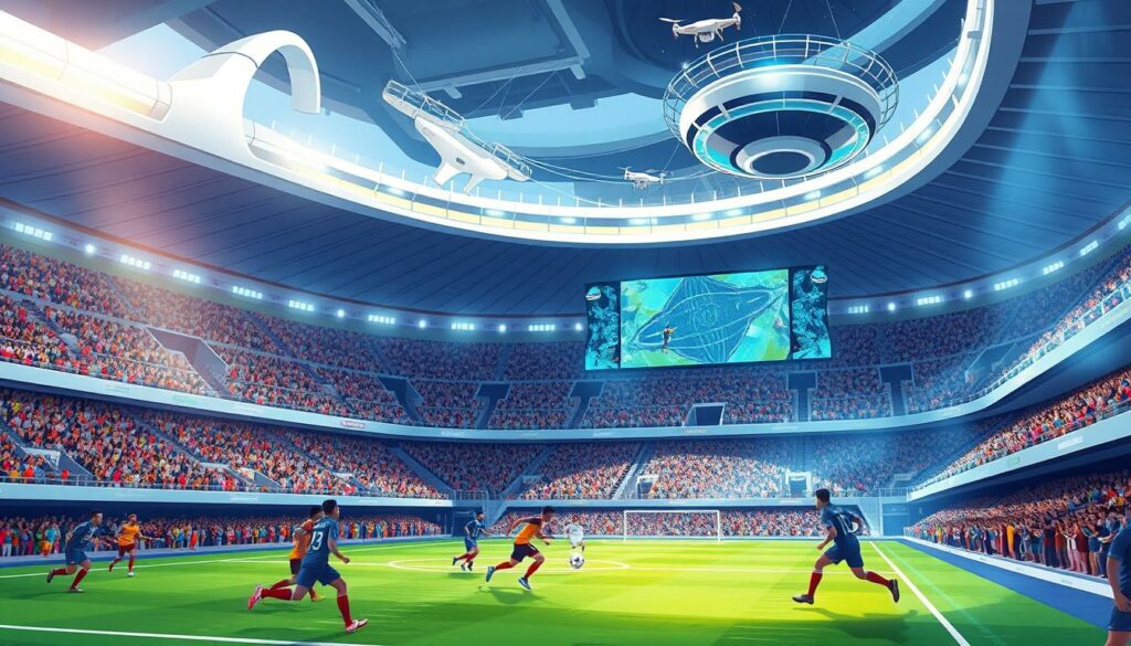 A futuristic football stadium nestled in a sleek, modern cityscape. The stadium's architecture features sweeping curves and gleaming metallic panels, reflecting the advanced technology of the future game. In the foreground, highly skilled players engage in a fast-paced, precision-driven match, their movements a blur of grace and power. The crowd in the stands is a sea of energy, their cheers echoing through the stadium's state-of-the-art sound system. Overhead, a network of hovering drones and cameras captures every moment, relaying the action to giant holographic displays that immerse the audience in the experience. The lighting is a harmonious blend of natural and artificial sources, creating a captivating atmosphere that showcases the future of the beautiful game.