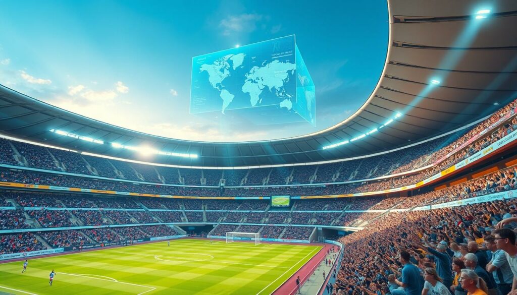A futuristic stadium with a retractable roof dominates the scene, its sleek, aerodynamic design reflecting the cutting-edge of football infrastructure. Holographic displays hover above the pitch, showcasing real-time analytics and player information. In the stands, fans watch the game through augmented reality lenses, their excitement palpable as they cheer on their teams. The lighting is a blend of natural daylight filtering through the roof and strategically placed LED fixtures, creating an immersive, high-tech atmosphere. The camera angle captures the stadium from an elevated position, allowing the viewer to take in the scale and grandeur of this vision of the future World Cup.