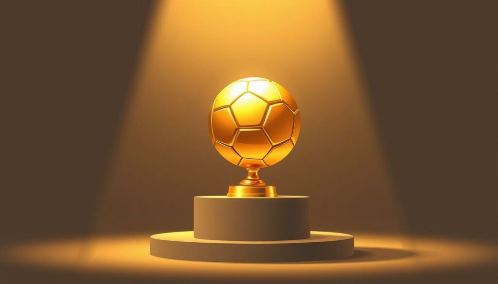 A golden trophy ball, gleaming under the warm spotlight, sits atop a sleek, modern podium. The sphere's radiant surface reflects the prestigious accolade it represents, casting a soft, golden glow across the minimal, elegant display. The background is a subdued, muted palette, allowing the trophy to take center stage and commanding the viewer's attention. Subtle hints of depth and perspective add a sense of depth and sophistication to the scene. The overall composition exudes a sense of prestige, achievement, and the pinnacle of excellence in the world of football.