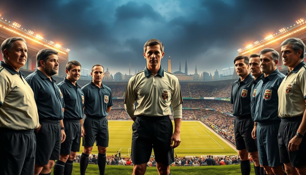 A grand, panoramic scene depicting the illustrious international icons of the refereeing world. In the foreground, a group of distinguished match officials stand tall, their crisp uniforms and authoritative postures commanding respect. Intricate details in their facial features and gestures convey their unwavering dedication to the game. The middle ground showcases a backdrop of historic soccer stadiums, their grandstands filled with cheering fans and flashes of camera lights. In the distant background, the iconic landmarks of global football capitals provide a majestic setting, casting a warm, golden glow over the entire composition. Dramatic lighting and a cinematic camera angle lend an air of gravitas and reverence to this tableau of the most celebrated referees in the annals of the sport.