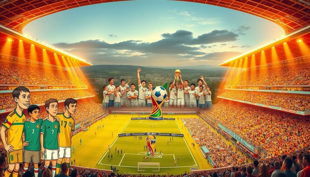 A grand stadium bathed in warm, golden light, showcasing legendary FIFA World Cup teams in a dynamic, illustrated comparison. The foreground features vibrant, hand-drawn depictions of iconic national teams, their uniforms and emblems meticulously detailed. In the middle ground, a collage of historic match moments and team celebrations, capturing the thrill and drama of the world's greatest football tournament. The background subtly blends into a panoramic vista of bustling city streets, stadiums, and cheering fans, evoking the global scale and cultural significance of the World Cup. An artistic, visually captivating representation of the most legendary teams and moments in World Cup history.