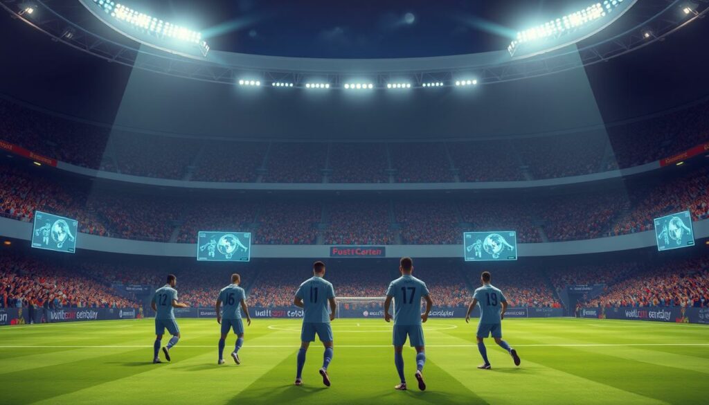 A grand stadium, its vast field bathed in the warm glow of floodlights. In the foreground, a group of players, their jerseys emblazoned with cutting-edge sensor technology, move with precision and power. Holographic displays hover above the sidelines, relaying real-time data and tactical insights to the coaching staff. The middle ground is filled with the latest generation of robotic cameras, their lenses trained on the action, capturing every moment with cinematic flair. In the background, the stands are packed with cheering fans, their reactions monitored by facial recognition software that adjusts the stadium's atmosphere accordingly. This is the future of football, where technology and tradition converge to redefine the beautiful game.