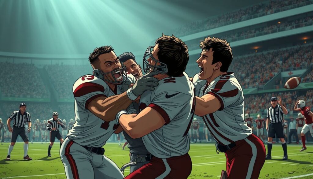 A gritty, cinematic scene of professional football players embroiled in a controversial on-field altercation. In the foreground, two athletes grapple intensely, their faces contorted with rage as they push and shove, jersey collars crumpled. The middle ground captures the dynamic tension, with teammates rushing to intervene and referees trying to restore order. In the background, a packed stadium audience leans forward, expressions a mix of shock and excitement. Dramatic low-angle lighting casts dramatic shadows, heightening the sense of drama and conflict. The overall mood is one of high-stakes intensity, where the beautiful game has descended into scandal and chaos.