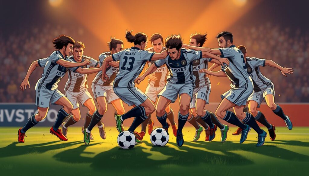 A group of HSV players intensely pressing an opposing team's ball carrier, their bodies tightly compact and in synchronized motion. Midfielders and forwards aggressively closing down space, applying relentless pressure to regain possession high up the pitch. Powerful strides, outstretched limbs, a sense of urgency and determination radiates from the scene. The players are illuminated by warm, dramatic lighting, casting long shadows that convey the high-octane, high-press nature of the HSV style of play. The background is blurred, keeping the focus on the players' dynamic, high-tempo pressing actions.