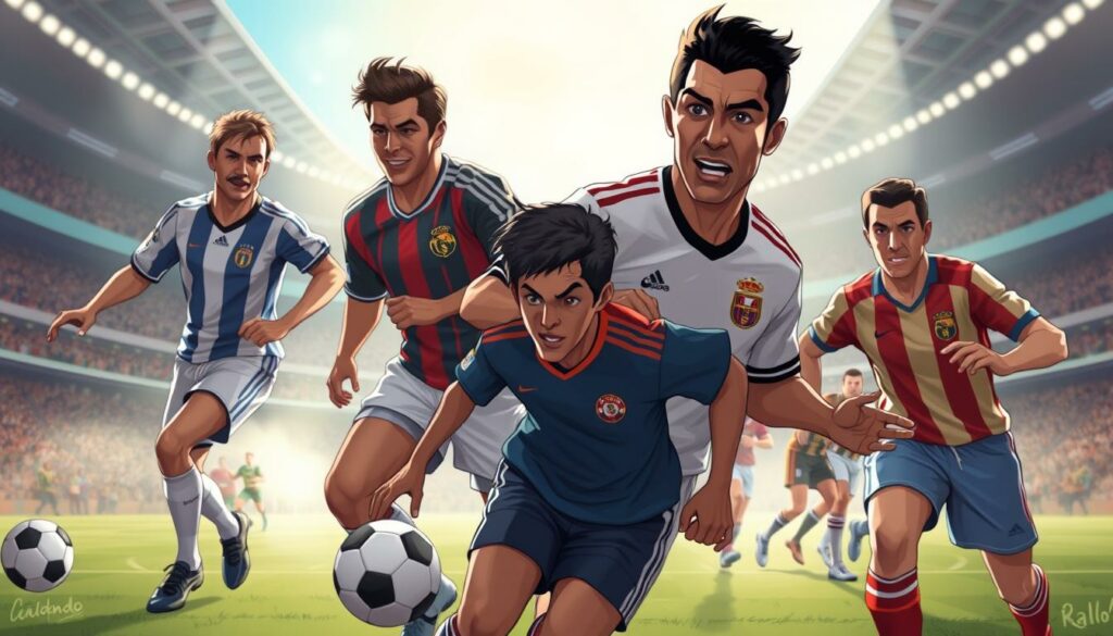 A group of football legends from the iconic 90s era, their legendary skills and iconic styles immortalized in a striking visual. In the foreground, charismatic superstars like Zinedine Zidane, Roberto Baggio, and Ronaldo dribble and pass with flair against a dynamic backdrop. The middle ground showcases other iconic players like Paolo Maldini, Lothar Matthäus, and Raúl in action, their intense expressions and powerful builds captured in cinematic detail. In the hazy background, the iconic stadiums and cheering crowds of the era lend an electrifying atmosphere, highlighting the grandeur and spectacle of the golden age of football. Backlighting accentuates the players' movement, while a warm, nostalgic color palette evokes the timeless allure of these football legends.
