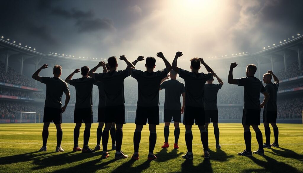 A group of football players, united in a defiant "wolf's salute" gesture, stand on a meticulously maintained pitch under the dramatic, chiaroscuro lighting of an evening match. Their faces are cast in shadows, emphasizing the political weight of their symbolic act, while the stadium stands loom in the hazy background, electric with unspoken tensions. The composition evokes the collision of sport and ideology, where athletic prowess becomes a platform for contentious expressions of identity and belief.
