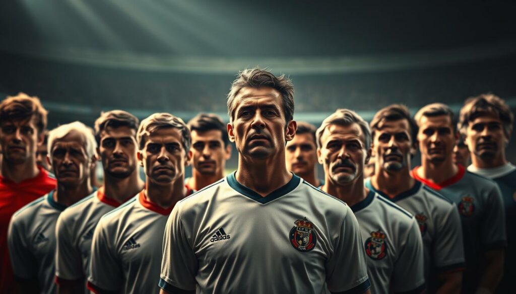 A group of legendary European Championship football players, standing tall and proud, their faces etched with the determination and passion that defined their careers. In the foreground, a diverse cast of stars from past tournaments, their uniforms and gear meticulously rendered in a cinematic, hyper-realistic style. The middle ground features a blurred, yet recognizable stadium backdrop, evoking the electric atmosphere of the finals. Dramatic, moody lighting casts long shadows, creating a sense of drama and significance. The overall composition conveys the enduring legacy and impact of these iconic players, whose feats have become woven into the fabric of European football history.
