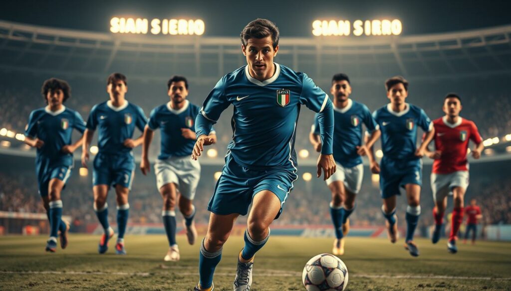 A group of legendary Italian soccer players, captured in a cinematic composition. In the foreground, a charismatic striker in a crisp Azzurri jersey dribbles the ball with flair, his face determined and focused. Surrounding him, a cohort of midfielders and defenders, each with their own distinct playing style - a towering center-back with a commanding presence, a diminutive playmaker orchestrating the attack, a rugged box-to-box engine. In the background, the iconic silhouettes of San Siro stadium loom, the floodlights casting a warm, dramatic glow over the scene. The players are imbued with a sense of history and pride, their expressions conveying the passion and drama that has defined Italy's legendary contributions to the beautiful game.