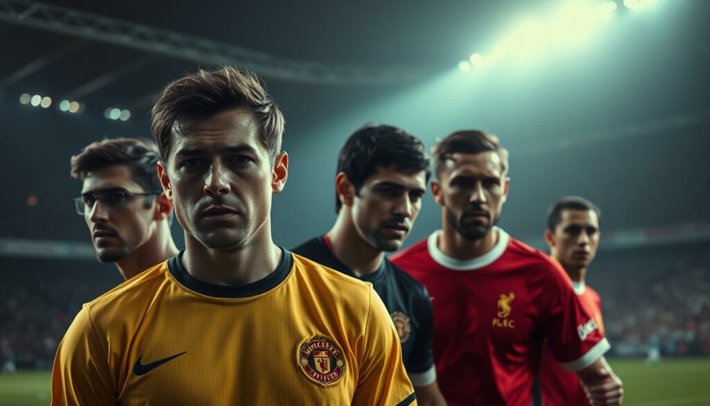 A group of legendary playmakers, each with their own distinct style and influence, posed in a dramatic, cinematic lighting. In the foreground, a tight shot captures their intense concentration and decisive body language as they orchestrate the flow of the game. The middle ground reveals their nuanced technical abilities, subtle movements, and vision to unlock defenses. In the background, a softly blurred stadium setting evokes the grand stage on which they've left their mark, their legacies intertwined. A high-contrast, moody atmosphere permeates the scene, highlighting the creative brilliance and competitive spirit that defines these iconic midfield maestros.