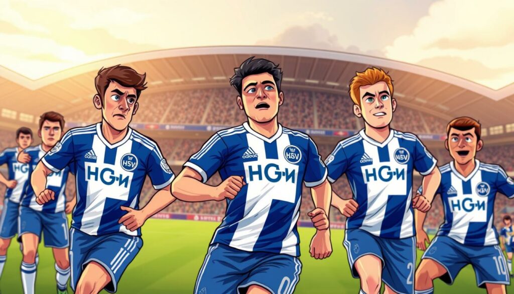 A group of professional soccer players dressed in the iconic blue and white uniforms of Hamburger SV, the legendary German football club. The foreground features three key players in action, their expressions intense as they engage in a crucial match. Midfielders and defenders work in seamless coordination, anticipating each other's movements with precision. The background depicts the club's home stadium, Volksparkstadion, bathed in warm, golden light, capturing the electric atmosphere of a sold-out match. The image conveys the dedication, skill, and teamwork that define the HSV system, embodying the spirit of the club's storied history and its bright future.