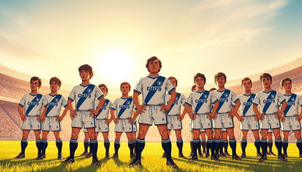 A group of professional soccer players from Hamburger SV, the iconic German club, standing on the field at the iconic Panathinaiko Stadium in Athens, Greece, in 1983. The players are dressed in their classic white and blue uniforms, their faces set with determined expressions as they prepare for a pivotal match. The lighting is warm and golden, casting a soft glow over the scene, and the camera angle is low, giving the impression of a heroic, larger-than-life moment. In the background, the majestic marble stadium and the city of Athens are visible, lending an air of historical significance to the event. The overall atmosphere is one of triumph, anticipation, and the weight of a defining moment in the club's history.